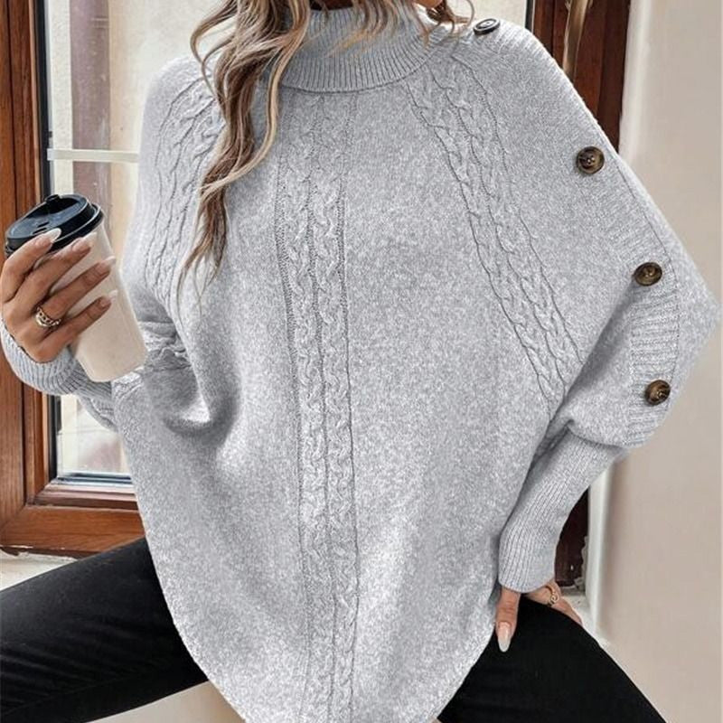 Damen Cape-Pullover mit Zopfmuster und Zierknöpfen
