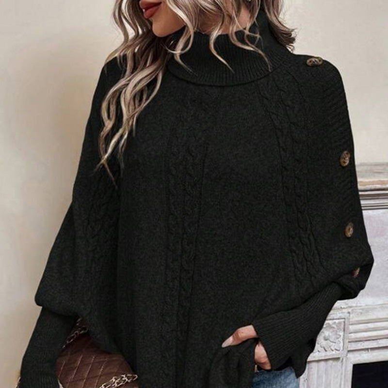 Damen Cape-Pullover mit Zopfmuster und Zierknöpfen