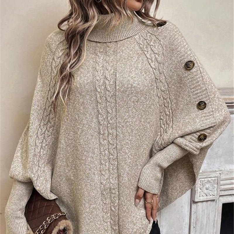 Damen Cape-Pullover mit Zopfmuster und Zierknöpfen