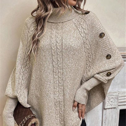Damen Cape-Pullover mit Zopfmuster und Zierknöpfen