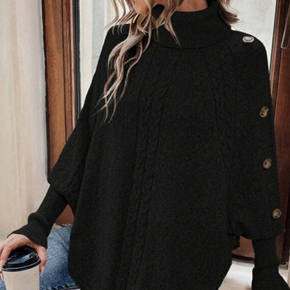 Damen Cape-Pullover mit Zopfmuster und Zierknöpfen