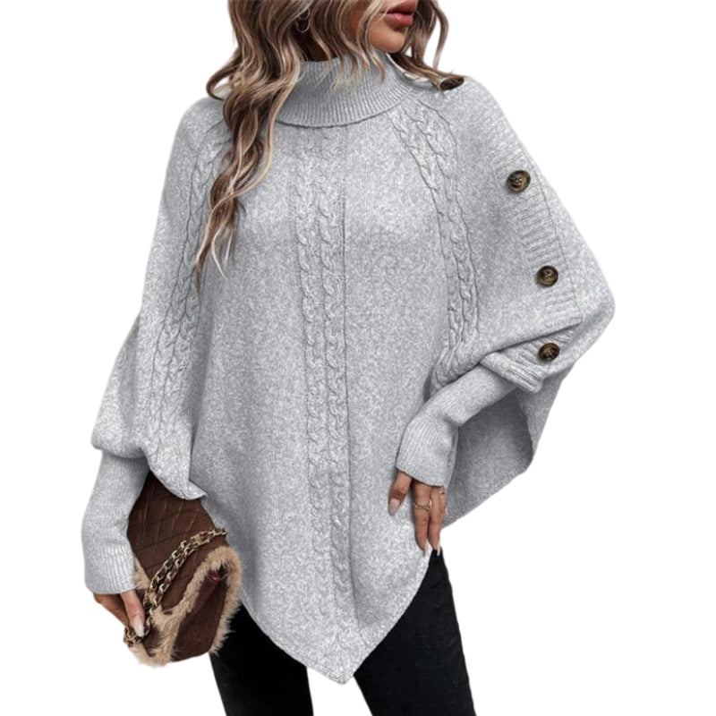 Damen Cape-Pullover mit Zopfmuster und Zierknöpfen