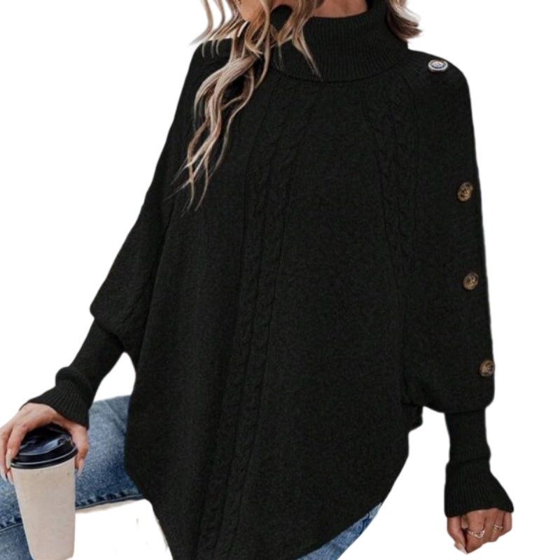 Damen Cape-Pullover mit Zopfmuster und Zierknöpfen