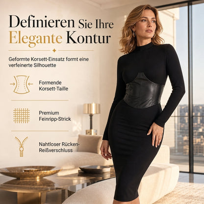 Damen-Midi-Strickkleid mit Taillenpartie in Lederoptik
