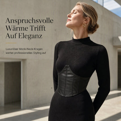Damen-Midi-Strickkleid mit Taillenpartie in Lederoptik