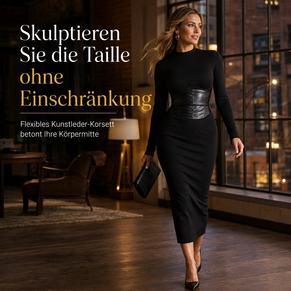 Damen-Midi-Strickkleid mit Taillenpartie in Lederoptik
