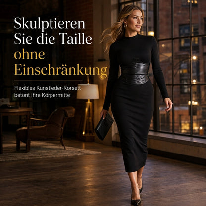 Damen-Midi-Strickkleid mit Taillenpartie in Lederoptik