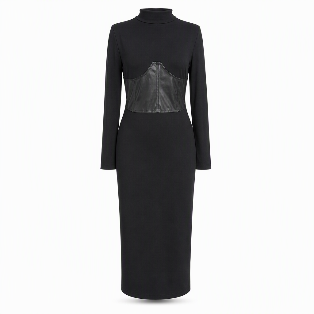 Damen-Midi-Strickkleid mit Taillenpartie in Lederoptik