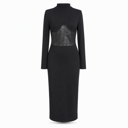 Damen-Midi-Strickkleid mit Taillenpartie in Lederoptik