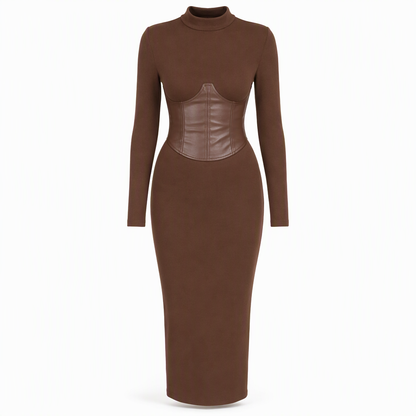 Damen-Midi-Strickkleid mit Taillenpartie in Lederoptik