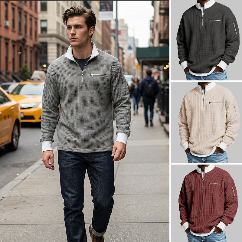 Herren Waffelstrick-Pullover mit Viertelreißverschluss