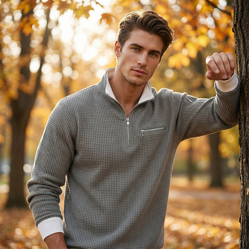 Herren Waffelstrick-Pullover mit Viertelreißverschluss