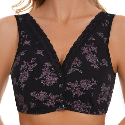 Women's Plus Size Front Button Floral Non-Steel Bra
