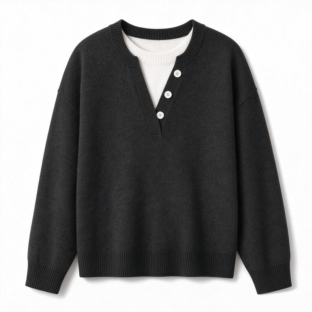 ⏰ Beliebt und bald ausverkauft!⏰ Lässiger zweiteiliger Strickpullover mit V-Ausschnitt und Knopfdetails