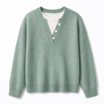 ⏰ Beliebt und bald ausverkauft!⏰ Lässiger zweiteiliger Strickpullover mit V-Ausschnitt und Knopfdetails