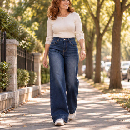 Gefütterte Damen-Wide-Leg-Jeans mit hohem Bund