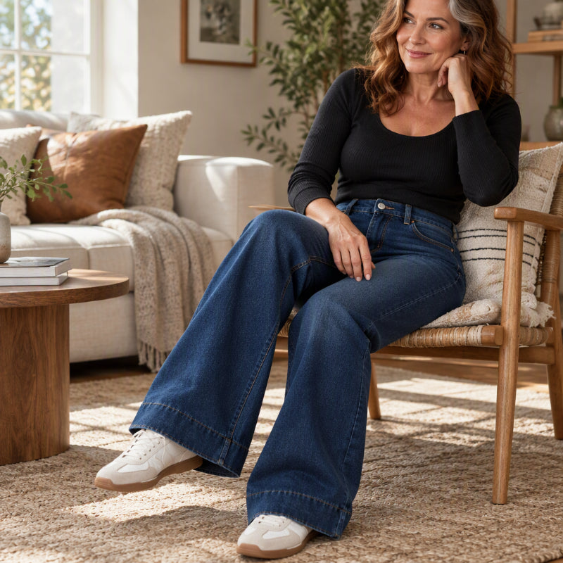 Gefütterte Damen-Wide-Leg-Jeans mit hohem Bund