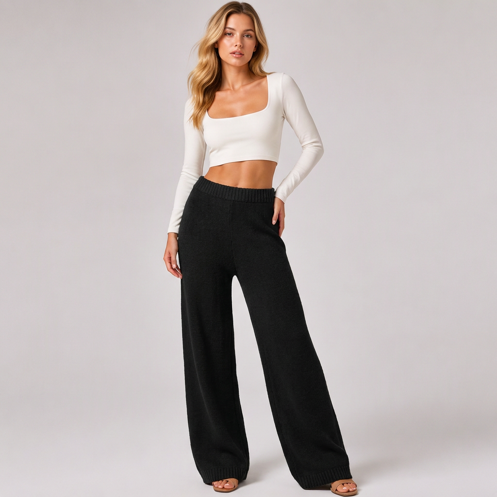 Damen-Strickhose mit weitem Bein & elastischem Bund
