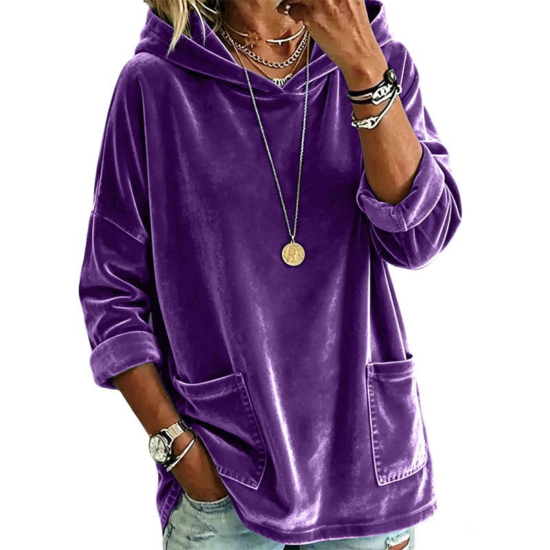 Damen-Samt-Hoodie mit lockerer Passform und Taschen
