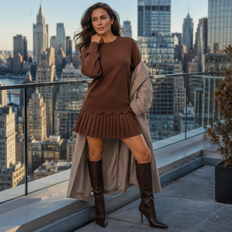 Damen Zweiteiler aus Pullover mit Muschelkante und Plisseerock