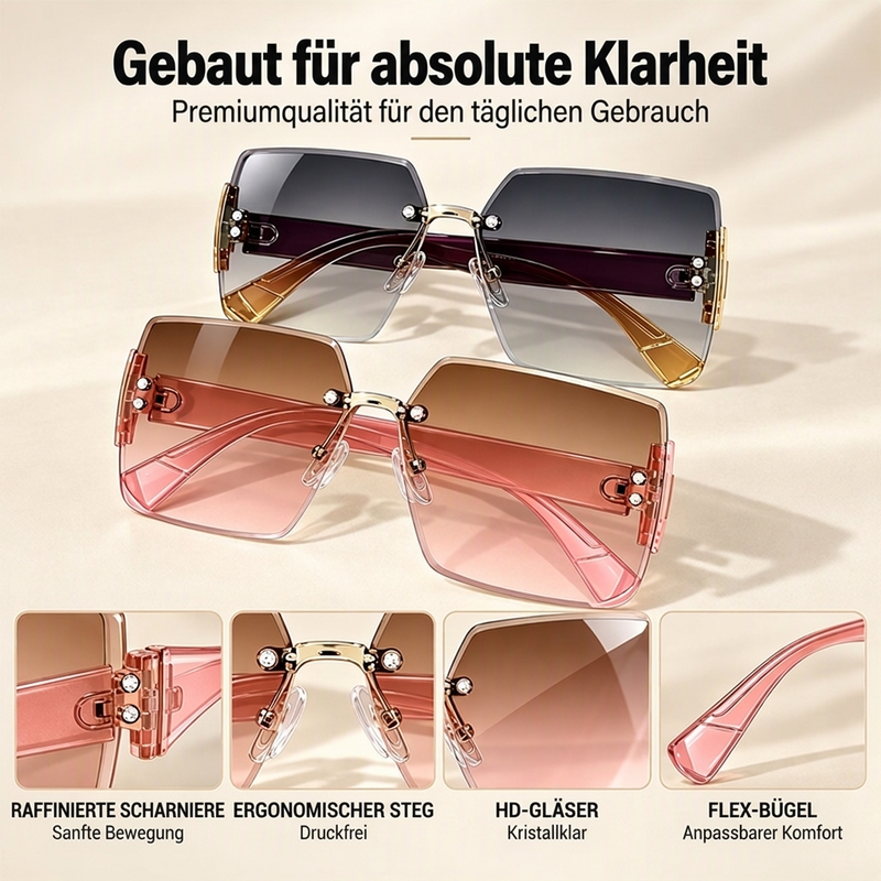 Damen-Sonnenbrille mit großen, randlosen Quadratgläsern