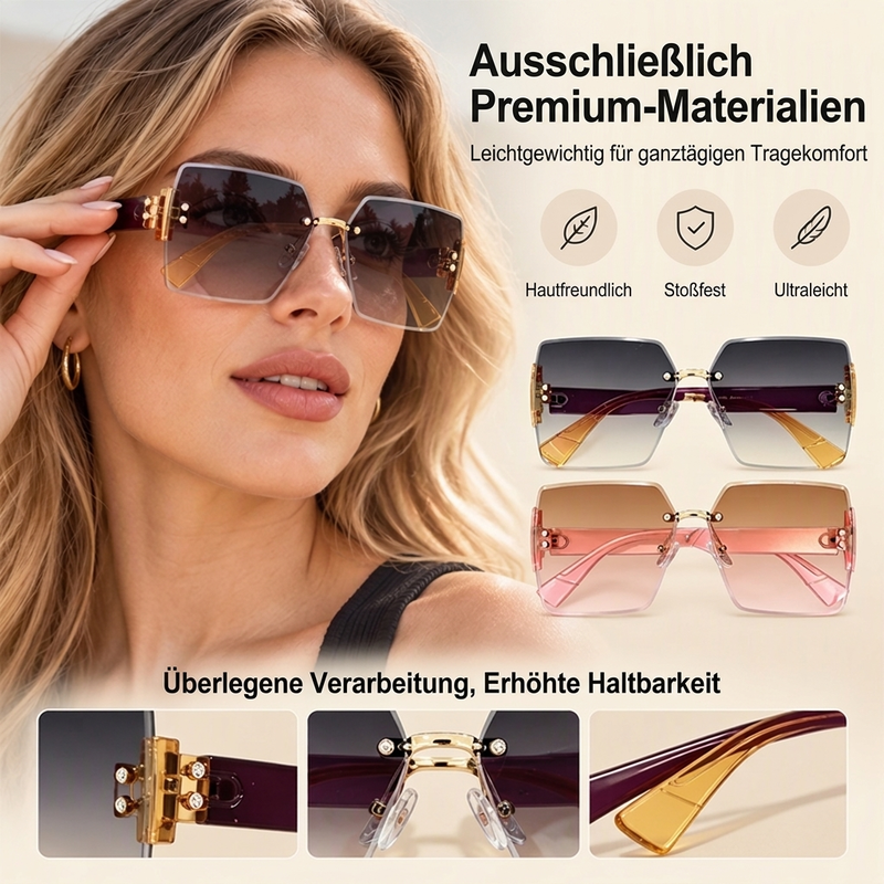 Damen-Sonnenbrille mit großen, randlosen Quadratgläsern