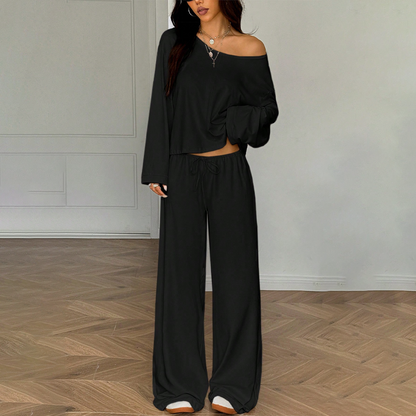 Damen-Zweiteiler mit schulterfreiem Oberteil und weiter Hose