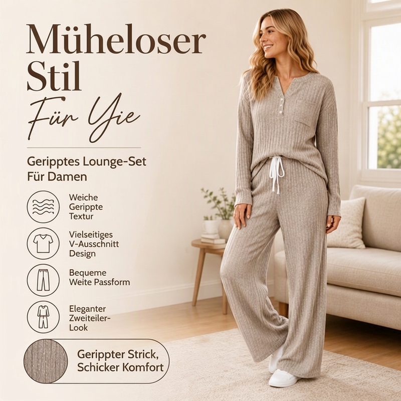 Damen Geripptes Henley-Oberteil und Hosen Set mit weiter Beinform