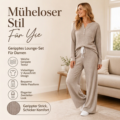 Damen Geripptes Henley-Oberteil und Hosen Set mit weiter Beinform