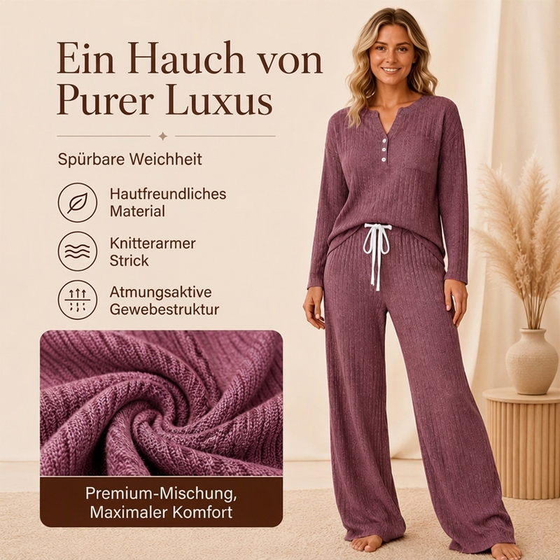 Damen Geripptes Henley-Oberteil und Hosen Set mit weiter Beinform