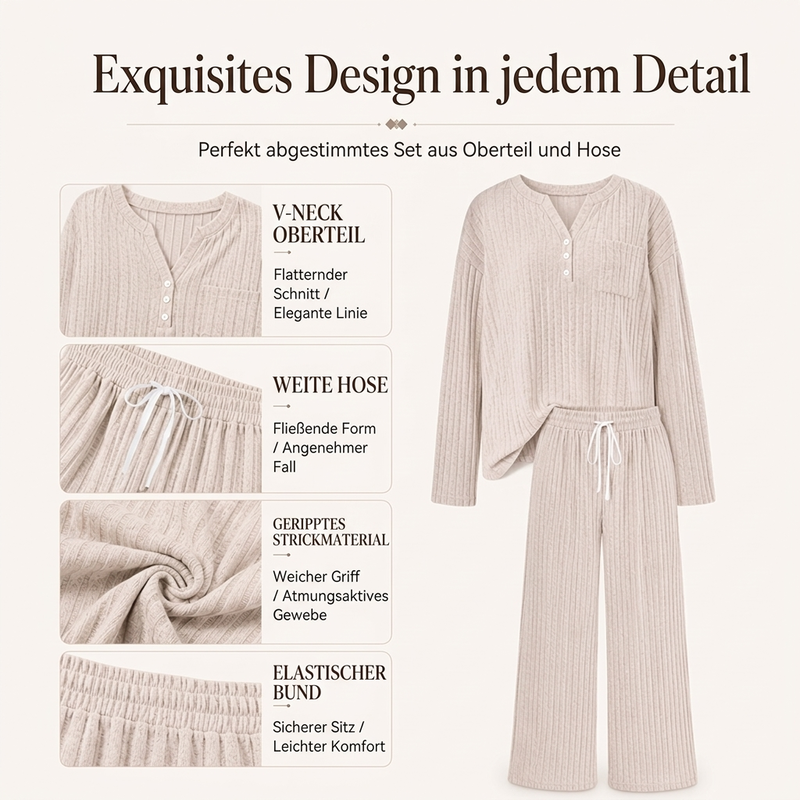 Damen Geripptes Henley-Oberteil und Hosen Set mit weiter Beinform