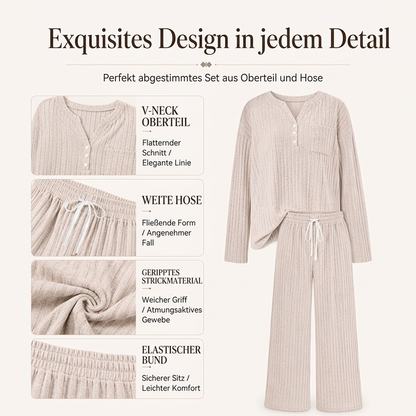 Damen Geripptes Henley-Oberteil und Hosen Set mit weiter Beinform