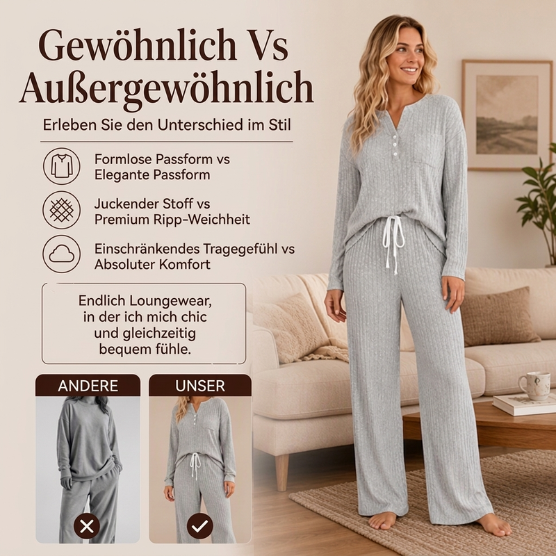 Damen Geripptes Henley-Oberteil und Hosen Set mit weiter Beinform