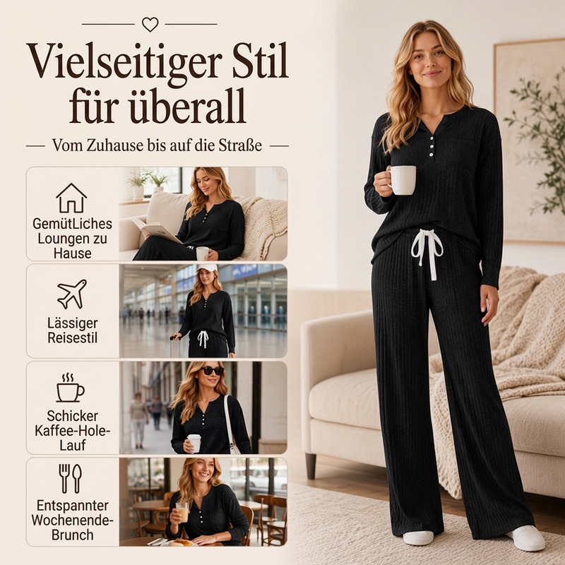 Damen Geripptes Henley-Oberteil und Hosen Set mit weiter Beinform