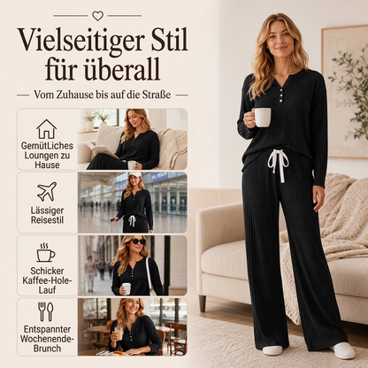 Damen Geripptes Henley-Oberteil und Hosen Set mit weiter Beinform