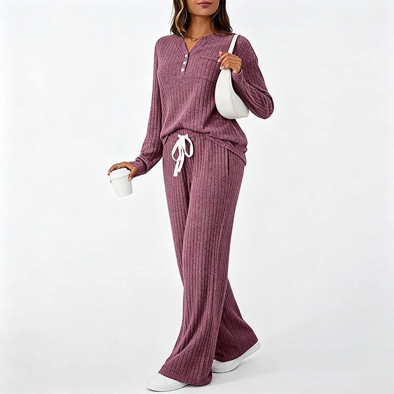 Damen Geripptes Henley-Oberteil und Hosen Set mit weiter Beinform