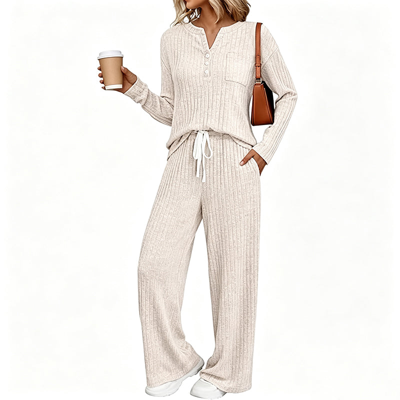 Damen Geripptes Henley-Oberteil und Hosen Set mit weiter Beinform