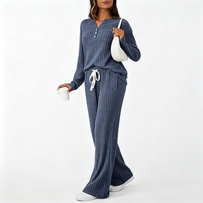 Damen Geripptes Henley-Oberteil und Hosen Set mit weiter Beinform