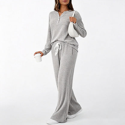 Damen Geripptes Henley-Oberteil und Hosen Set mit weiter Beinform