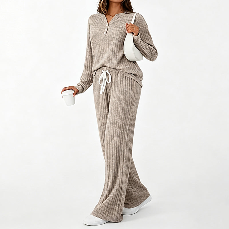 Damen Geripptes Henley-Oberteil und Hosen Set mit weiter Beinform