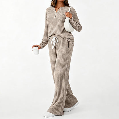 Damen Geripptes Henley-Oberteil und Hosen Set mit weiter Beinform