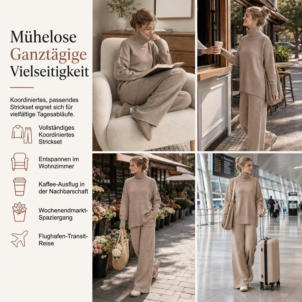 Zweiteiliges Damen-Set aus lockerer Rollkragenpullover und Strickhose - Locker, dick, warm für Herbst und Winter
