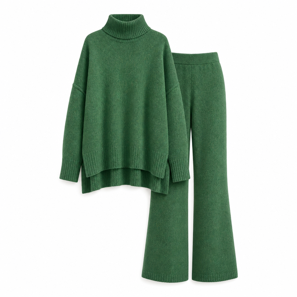 Zweiteiliges Damen-Set aus lockerer Rollkragenpullover und Strickhose - Locker, dick, warm für Herbst und Winter