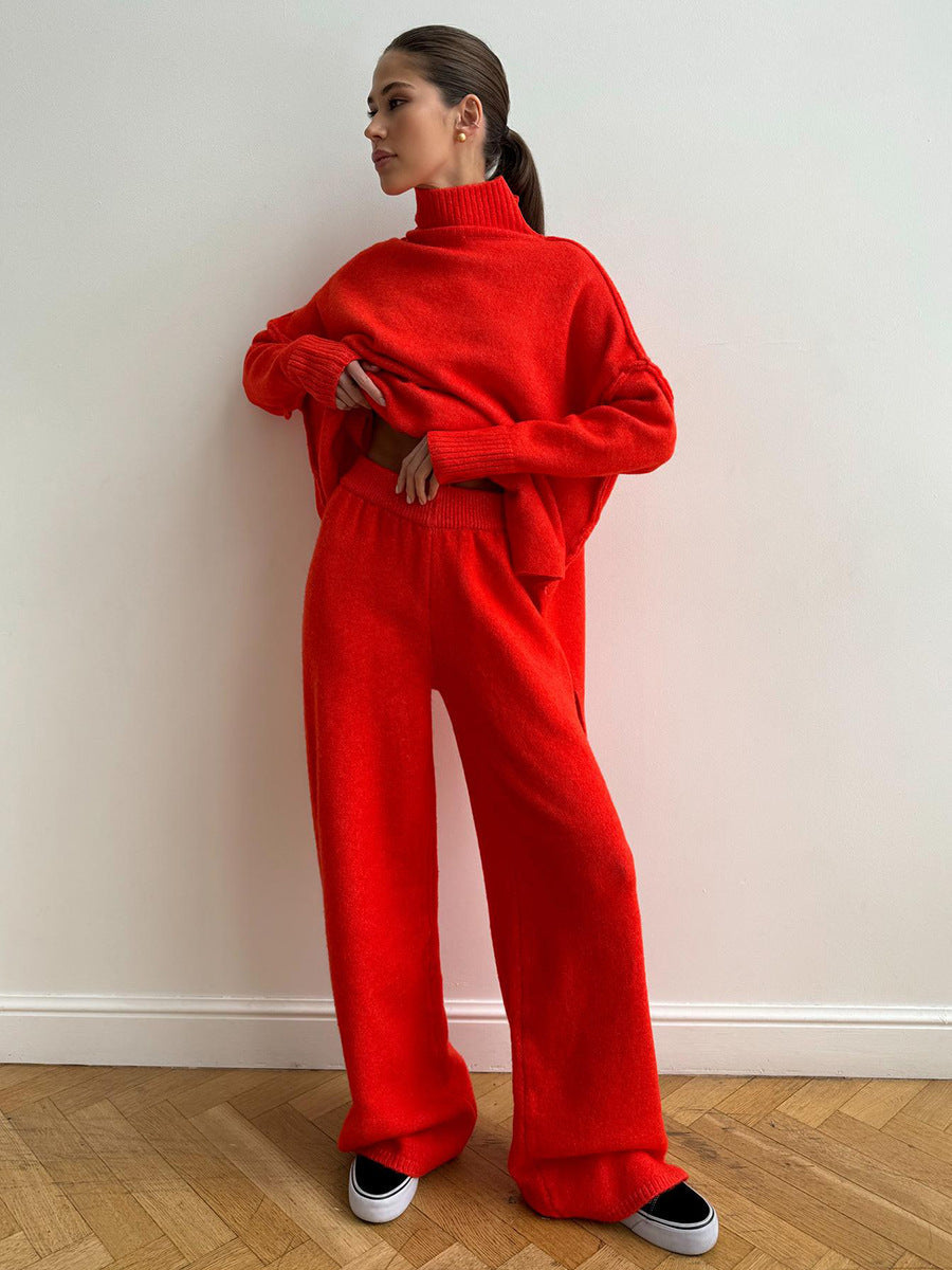 Zweiteiliges Damen-Set aus lockerer Rollkragenpullover und Strickhose - Locker, dick, warm für Herbst und Winter
