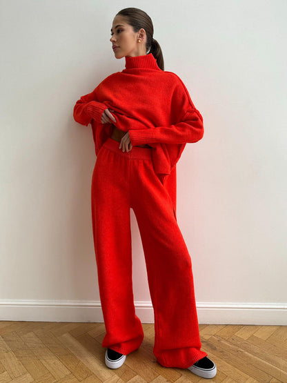 Zweiteiliges Damen-Set aus lockerer Rollkragenpullover und Strickhose - Locker, dick, warm für Herbst und Winter