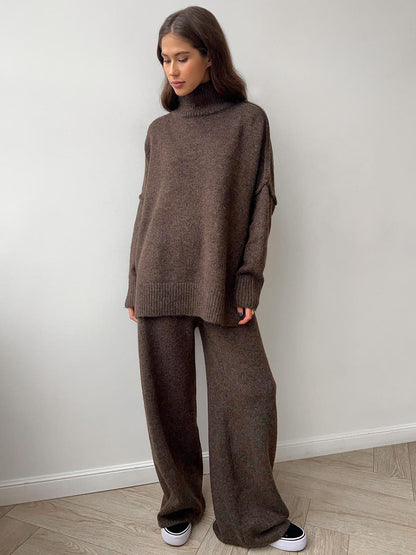 Zweiteiliges Damen-Set aus lockerer Rollkragenpullover und Strickhose - Locker, dick, warm für Herbst und Winter