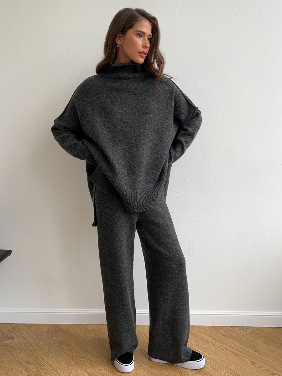 Zweiteiliges Damen-Set aus lockerer Rollkragenpullover und Strickhose - Locker, dick, warm für Herbst und Winter