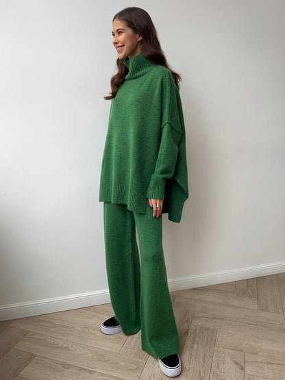 Zweiteiliges Damen-Set aus lockerer Rollkragenpullover und Strickhose - Locker, dick, warm für Herbst und Winter
