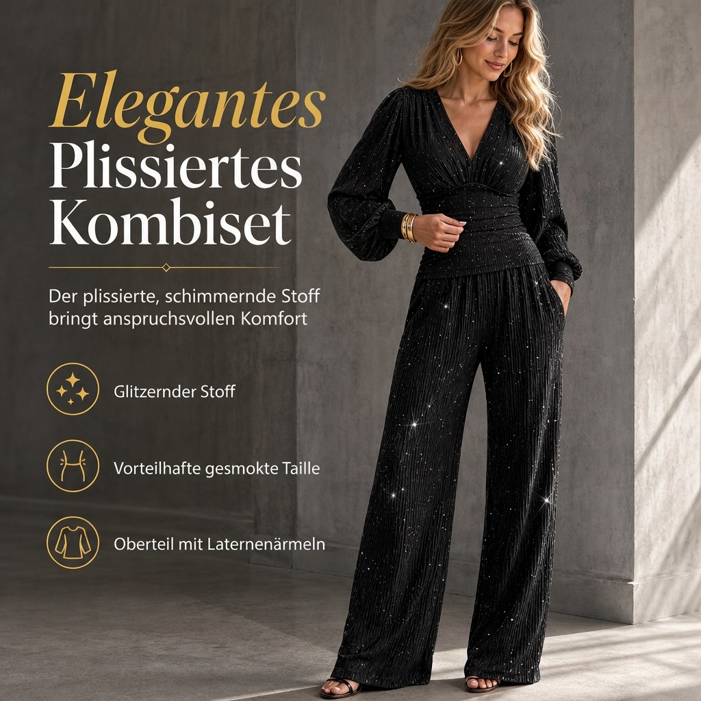 ⚡Beliebteste Wahl! 50% Rabatt!⚡Zweiteiliges Damen-Outfit Für Herbst und Winter Tiefer V-Ausschnitt, Ballonärmel, Plissiertes Oberteil und weithosen mit Taschen