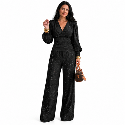 ⚡Beliebteste Wahl! 50% Rabatt!⚡Zweiteiliges Damen-Outfit Für Herbst und Winter Tiefer V-Ausschnitt, Ballonärmel, Plissiertes Oberteil und weithosen mit Taschen
